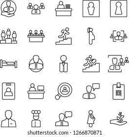 Thin Line Icon Set - male vector, female, bed, speaking man, pedestal, team, manager place, pregnancy, client, speaker, user, identity card, hr, desk, meeting, career ladder, search, waiter, cook