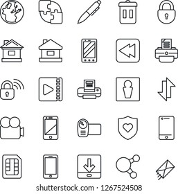Thin Line Icon Set - male vector, lock, mobile phone, pen, printer, house, heart shield, video camera, cell, share, rewind, sim, data exchange, download, application, wireless, trash bin, earth