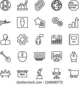 Thin Line Icon Set - male vector, boarding, speaking man, growth statistic, pedestal, mouse, meeting, calendar, job, monitor, truck trailer, network, favorites list, settings, copybook, paper clip