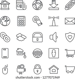 Thin Line Icon Set - male vector, clouds, lock, mail, mouse, house, heart shield, antenna, news, video camera, touch screen, chain, phone back, network, download, calculator, wireless, hot dog, cart