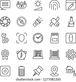 Thin Line Icon Set - male vector, abacus, satellite, paper pin, battery, rec button, message, mobile camera, themes, alarm, sd, notes, torch, brightness, place tag, compass, face id, fingerprint