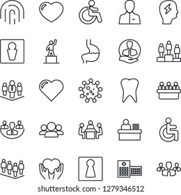 Thin Line Icon Set - male vector, female, disabled, pedestal, team, brainstorm, meeting, heart, hand, stomach, tooth, hospital, virus, client, user, fingerprint id, company, manager desk, group