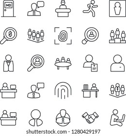 Thin Line Icon Set - male vector, reception, medical room, handshake, speaking man, pedestal, team, meeting, manager place, run, patient, client, speaker, user, fingerprint id, desk, company, search