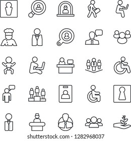 Thin Line Icon Set - male vector, female, baby, disabled, reception, speaking man, pedestal, manager place, client, speaker, group, identity card, company, search, waiter, cook, with notebook