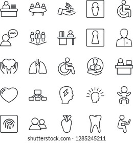 Thin Line Icon Set - male vector, female, baby, disabled, brainstorm, meeting, manager place, heart hand, lungs, real, tooth, client, speaker, group, user, fingerprint id, desk, company, hierarchy