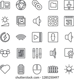 Thin Line Icon Set - male vector, abacus, mouse, fence, heart, speaker, settings, chain, group, battery, network, folder, calendar, download, wireless, brightness, video, photo gallery, charge