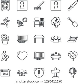 Thin Line Icon Set - male vector, female, desk, meeting, job, flower in pot, rake, tree, run, truck trailer, heart, alarm, paper tray, manager, sun panel, fruit, sale, table, washer, knife, group