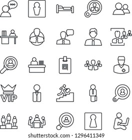 Thin Line Icon Set - male vector, female, vip, bed, pedestal, doctor, client, speaker, group, identity card, hr, manager desk, meeting, career ladder, search, estate agent, waiter, consumer