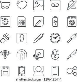 Thin Line Icon Set - male vector, washer, pen, cell phone, heart, back, mobile camera, gallery, record, sd, sim, notes, wireless, torch, mute, cut, lock, face id, fingerprint, charge, clock, cart