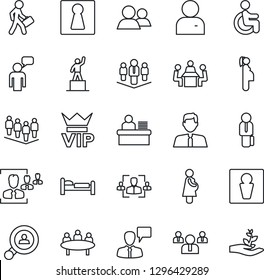 Thin Line Icon Set - male vector, female, vip, bed, speaking man, pedestal, team, meeting, disabled, pregnancy, group, user, hr, manager desk, company, client search, estate agent, palm sproute