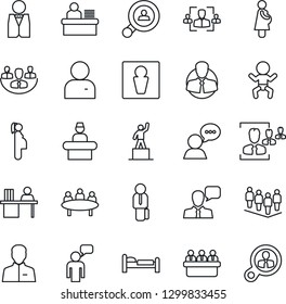Thin Line Icon Set - male vector, baby, reception, bed, speaking man, pedestal, team, meeting, pregnancy, client, speaker, user, company, hr, manager desk, search, waiter, consumer