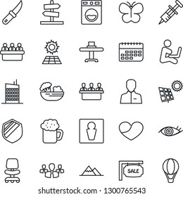 Thin Line Icon Set - male vector, office chair, meeting, butterfly, garden knife, syringe, eye, term, shield, heart, user, sun panel, mountains, sale, city house, restaurant table, beer, salad