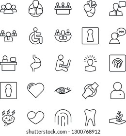 Thin Line Icon Set - male vector, female, team, brainstorm, manager place, heart, disabled, stomach, real, tooth, eye, joint, client, speaker, user, fingerprint id, company, meeting, group