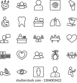 Thin Line Icon Set - male vector, team, brainstorm, meeting, manager place, heart, disabled, hand, lungs, tooth, eye, joint, hospital, virus, speaker, group, user, fingerprint id, desk, palm sproute