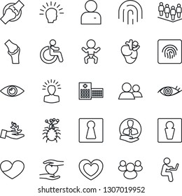 Thin Line Icon Set - male vector, female, baby, disabled, team, heart, hand, real, eye, joint, hospital, virus, client, group, user, fingerprint id, palm sproute, shining head, man with notebook