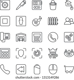 Thin Line Icon Set - male vector, vip, mouse, pen, fence, bucket, group, stop button, rewind, call, mobile camera, calculator, stopwatch, cut, face id, eye, music, battery, company, garage, phone