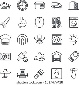 Thin Line Icon Set - male vector, office building, binder, mouse, desk, saw, stomach, satellite, car delivery, clock, oil barrel, torch, fingerprint id, printer, house with garage, air conditioner