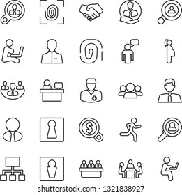 Thin Line Icon Set - Male Vector, Female, Speaking Man, Meeting, Manager Place, Run, Doctor, Pregnancy, Client, User, Company, Search, Estate Agent, Fingerprint, Consumer, Group, Handshake, Money