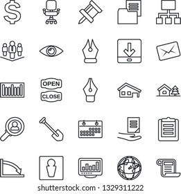 Thin Line Icon Set - male vector, dollar sign, document, job, eye, clipboard, folder, barcode, download, calendar, monitor statistics, drawing pin, ink pen, office chair, company, house with garage