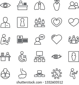 Thin Line Icon Set - male vector, female, pedestal, heart, disabled, stomach, lungs, real, eye, hospital, virus, client, speaker, group, user, manager desk, meeting, hierarchy, man with notebook