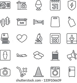 Thin Line Icon Set - male vector, bed, border cone, clouds, plane, microscope, no trolley, camera, loudspeaker, heart, protect, calculator, calendar, data exchange, download, book, sold signboard