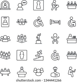 Thin Line Icon Set - male vector, female, baby, disabled, reception, bed, pedestal, team, meeting, doctor, speaker, group, identity card, manager desk, career ladder, company, man with notebook