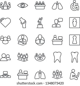 Thin Line Icon Set - male vector, female, pedestal, team, meeting, manager place, heart, disabled, lungs, tooth, eye, joint, client, speaker, group, company, hierarchy, man with notebook