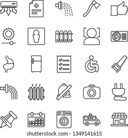 Thin Line Icon Set - male vector, washer, calendar, watering, saw, axe, diagnosis, ambulance car, disabled, stomach, camera, finger up, paper pin, mute, brightness, face id, checklist, fence, heater