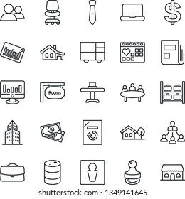 Thin Line Icon Set - male vector, luggage storage, office chair, dollar sign, meeting, statistic monitor, document reload, medical calendar, cash, consolidated cargo, oil barrel, barcode, group, tie