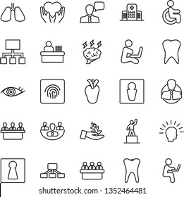 Thin Line Icon Set - male vector, female, pedestal, brainstorm, meeting, disabled, heart hand, lungs, real, tooth, eye, hospital, client, speaker, fingerprint id, company, manager desk, palm sproute