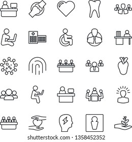 Thin Line Icon Set - male vector, team, brainstorm, meeting, manager place, heart, disabled, hand, real, tooth, joint, hospital, virus, client, fingerprint id, desk, group, shining head
