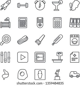 Thin Line Icon Set - male vector, pedestal, saw, diagnosis, thermometer, barbell, stomach, heavy scales, search cargo, settings, remote control, play button, alarm, scanner, calculator, paper binder