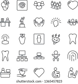 Thin Line Icon Set - male vector, baby, pedestal, team, brainstorm, manager place, heart, disabled, hand, real, tooth, group, fingerprint id, desk, shining head, hierarchy, man with notebook