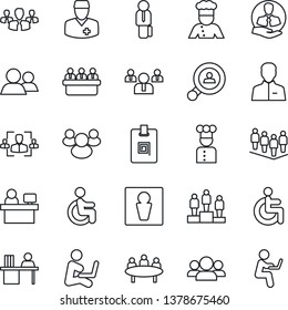 Thin Line Icon Set - male vector, pedestal, team, meeting, manager place, disabled, doctor, client, group, user, identity card, hr, desk, search, cook, man with notebook