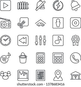 Thin Line Icon Set - male vector, abacus, fence, bucket, navigation, radio, settings, group, play button, rewind, rec, calculator, bell, scanner, mute, cut, music, charge, sertificate, clock, garage