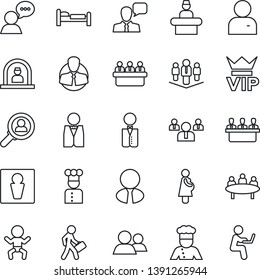 Thin Line Icon Set - male vector, vip, baby, reception, bed, team, meeting, pregnancy, client, speaker, group, user, manager, company, estate agent, waiter, cook, consumer search, man with notebook