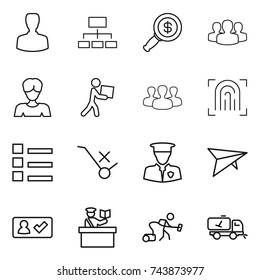 thin line icon set : man, hierarchy, dollar magnifier, group, woman, courier, fingerprint, list, do not trolley sign, security, deltaplane, check in, inspector, vacuum cleaner, home call cleaning