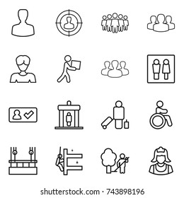 thin line icon set : man, target audience, team, group, woman, courier, wc, check in, detector, passenger, invalid, skysrcapers cleaning, skyscrapers, garden, cleaner