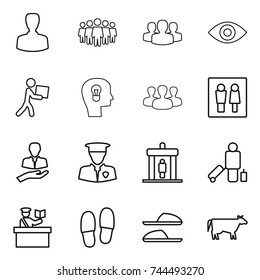 thin line icon set : man, team, group, eye, courier, bulb head, wc, client, security, detector, passenger, inspector, slippers, cow