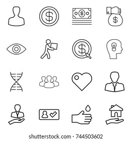 thin line icon set : man, dollar, money, gift, eye, courier, arrow, bulb head, dna, group, heart, client, check in, hand drop, housing