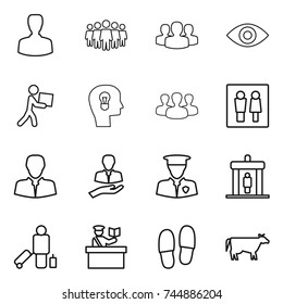 thin line icon set : man, team, group, eye, courier, bulb head, wc, client, security, detector, passenger, inspector, slippers, cow
