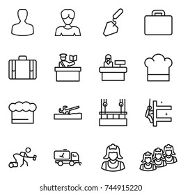 thin line icon set : man, woman, construction, suitcase, inspector, reception, cook hat, chief, soil cutter, skysrcapers cleaning, skyscrapers, vacuum cleaner, home call, outsource