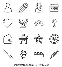 thin line icon set : man, pencil, call center, calendar, heart, trophy, group, laser, wallet, arch, starfish, cooler fan, big fork, grape, seedling, syringe