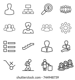 thin line icon set : man, hierarchy, dollar magnifier, team, group, woman, round around, list, stairs, client, do not trolley sign, tourist, garbage bin, outsource