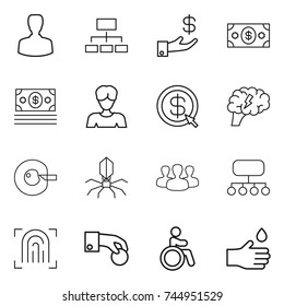 thin line icon set : man, hierarchy, investment, money, woman, dollar arrow, brain, cell corection, virus, group, structure, fingerprint, hand coin, invalid, drop