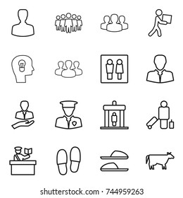 thin line icon set : man, team, group, courier, bulb head, wc, client, security, detector, passenger, inspector, slippers, cow