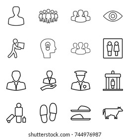 thin line icon set : man, team, group, eye, courier, bulb head, wc, client, security, detector, passenger, slippers, cow