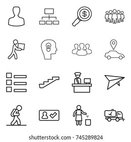 thin line icon set : man, hierarchy, dollar magnifier, team, courier, bulb head, group, car pointer, list, stairs, customs control, deltaplane, tourist, check in, garbage bin, home call cleaning