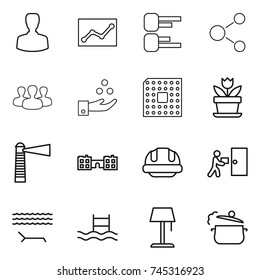 thin line icon set : man, statistics, diagram, molecule, group, chemical industry, cpu, flower, lighthouse, school, building helmet, courier delivery, lounger, pool, floor lamp, steam pan