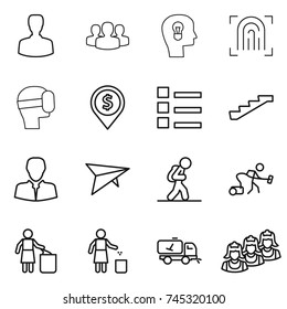 thin line icon set : man, group, bulb head, fingerprint, virtual mask, dollar pin, list, stairs, client, deltaplane, tourist, vacuum cleaner, garbage bin, home call cleaning, outsource